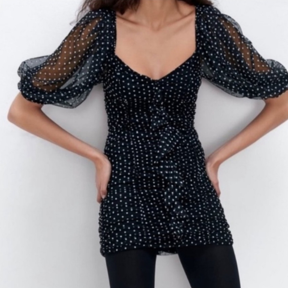 Zara Polka Dot Puff Sleeve Ruched Mini Dress Black & White Low Cut Neckline M